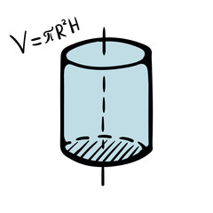 Construction and mathematical formula of the volume of a cylinder. Color Vector Illustration for Sticker, Print, Book