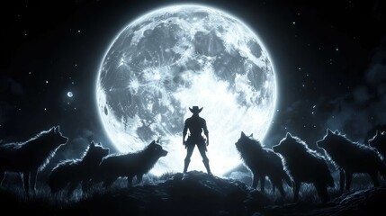 Lone figure stands guard, wolves, moonlit mountaintop