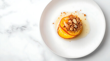 Elegant peach dessert: Sliced peaches topped with almond crumble and sweet syrup. Plated on a white plate, set against a light marble backdrop. Minimalistic style.