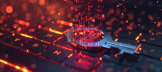 Digital Security Concept: Glowing Key Over Laptop with Binary Code and Firewall Elements