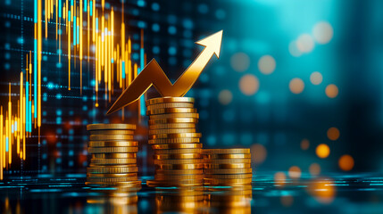 Grafische Anzeige von Analysen und Trendprognosen, Pr&auml;sentation mit dynamischem Diagramm und einem steigenden Kursverlauf mit steigendem Gewinnen