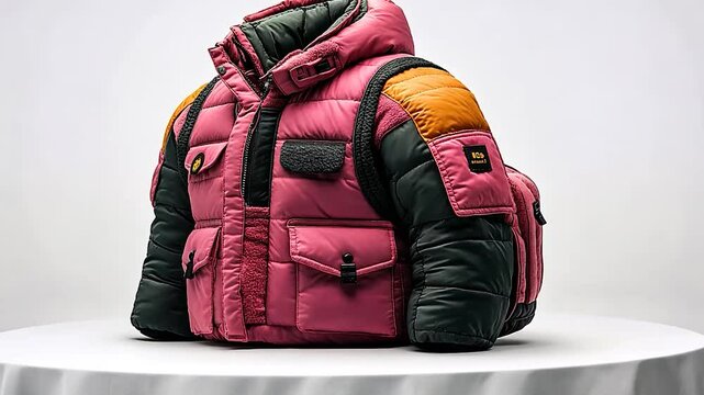 Pink puffer jacket, studio shot, fashion product