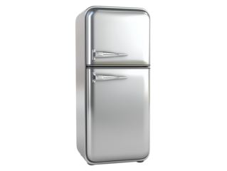This stainless steel refrigerator features a classic retro design, enhancing kitchen aesthetics while providing ample storage for food and beverages. Its sleek surface complements contemporary decor.