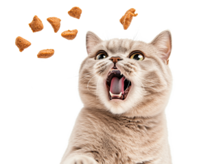 A playful cat with wide eyes and an open mouth eagerly attempts to catch falling treats. Its expression shows enthusiasm and curiosity. Cat is isolated on transparent background.