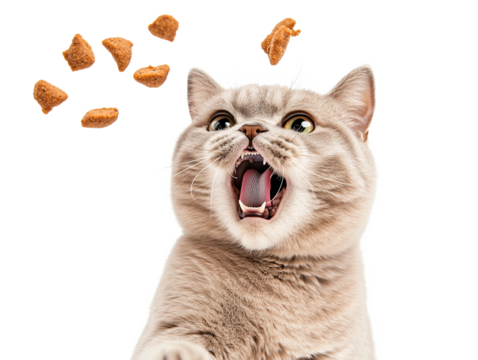 A playful cat with wide eyes and an open mouth eagerly attempts to catch falling treats. Its expression shows enthusiasm and curiosity. Cat is isolated on transparent background.