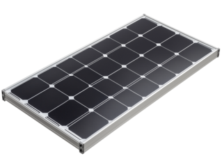 This solar panel, featuring an efficient design, is laid flat against a neutral transparent background, illustrating its potential for renewable energy solutions in homes or businesses.