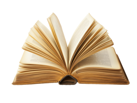 A book rests open, its pages fanned out, revealing yellowed edges and textured surfaces. The condition suggests age and frequent use, evoking a sense of nostalgia and knowledge.