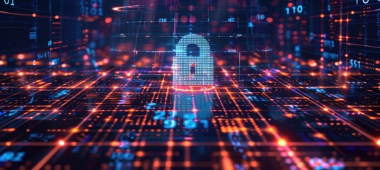 Digital Security Concept: Futuristic Grid with Padlock Icon and Binary Code Elements