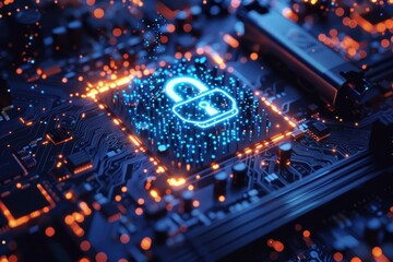 Advanced Cybersecurity Concept: Digital Padlock Over Computer Motherboard Design