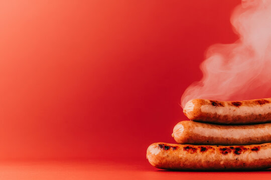 Steaming grilled sausages stacked on a vibrant red background in a food photography close-up