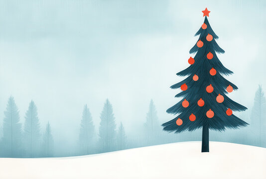 Minimalist digital illustration of a decorated Christmas tree in a snowy winter landscape