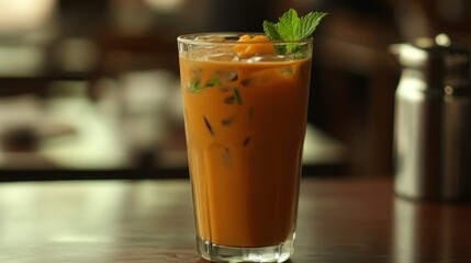 Iced Mango Tea drink, cafe setting, restaurant background