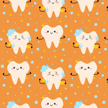 Vector seamless pattern with cute Teeth with Foam cartoon character in bubble on orange background children dental Illustration