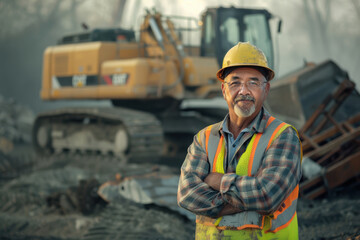 Confident Construction Worker in Yellow Hard Hat and Safety Vest on Active Building Site