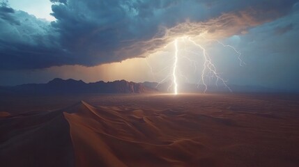 Dramatic Lightning Strike Over Desert Dunes at Dusk
