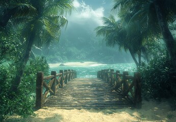 Fototapeta premium Serene Tropical Beach Scene with Wooden Dock and Lush Palm Trees