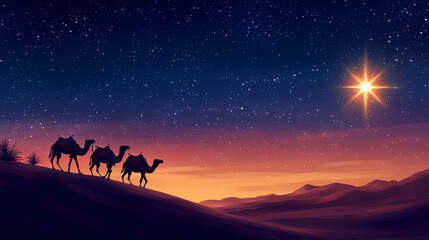 A peaceful ramadan scene with camels walking under a starry sky and a glowing star. Desert Caravan Under Stars. Illustration