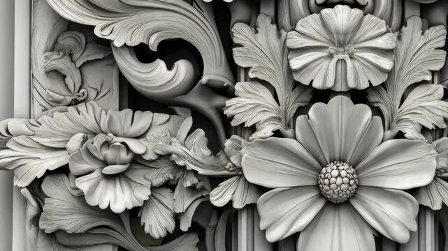 Intricate white relief detailing depicting floral and foliage designs on an ornate architectural structure