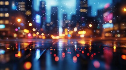 City skyline at night illuminated by lights with reflections on wet pavement from recent rain