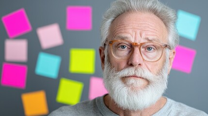 Senior man, pensive expression, sticky notes background, problem solving, stock photo