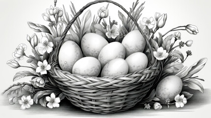 Easter eggs in a basket with spring flowers on a white background. Black and white illustration for coloring book