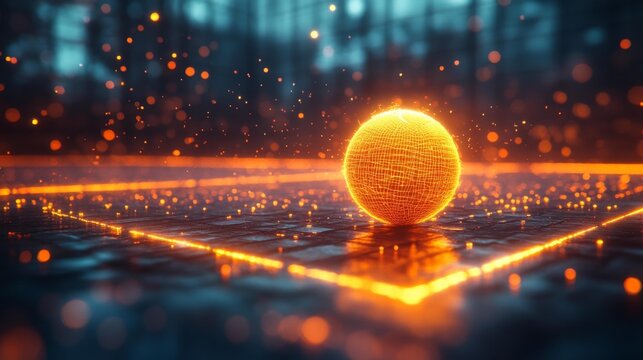 Glowing tennis ball surrounded by floating particles on a futuristic digital court. Generative AI - Powered by Adobe