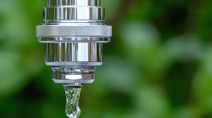 Water droplet from chrome tap, green background