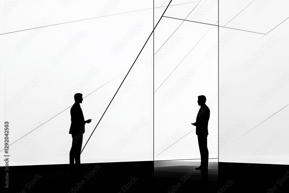 Poster business negotiation between two professionals in a modern office setting with creative architecture