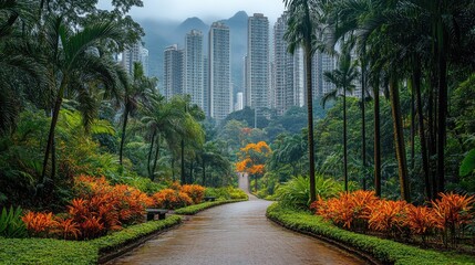 Lush tropical park path leads to towering city skyscrapers. Illustrates urban nature contrast, ideal for city, nature, or travel themes.