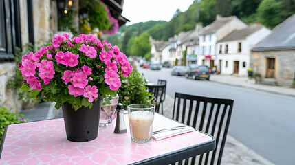 Fototapeta premium Pink flowers, cafe table, French village street, summer
