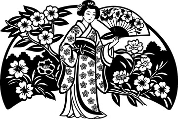 Geisha in a floral-patterned kimono, asian woman sketch engraving vector