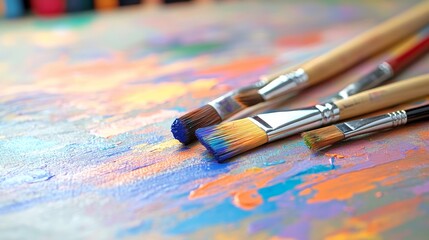 Obraz premium Colorful paint splashes with various brushes resting on a vibrant canvas, showcasing artistic creativity