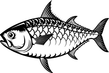 Tuna fish in vintage etching style, featuring intricate line work and circular decorative background sketch engraving vector
