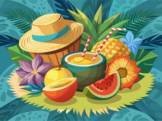 vector of Tropical fruit arrangement with coconut milk and straw hat on a textured background