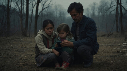 The image shows family of three in barren landscape,a father, mother,and child,sitting together and looking at phone.Their expressions convey concern and sadness,set against gloomy,desolate background