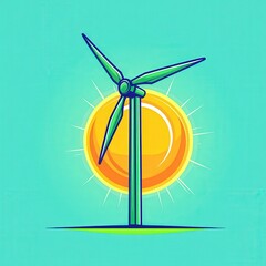 A sunlit wind turbine stands tall against a vibrant teal backdrop in a green landscape