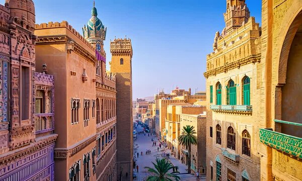 Sanaa town view at sunset, Yemen. Travel and culture concept 