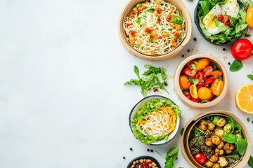 Top view and flat lay concept of Eco friendly, kraft, disposable, recyclable tableware. Paper food boxes, dishes on white background