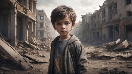 A young boy stands amidst the ruins of a destroyed city, wearing a dirty hoodie and t-shirt. His serious expression contrasts with the desolate, crumbled buildings surrounding him.