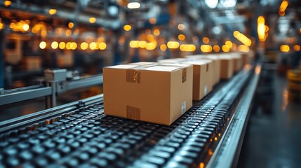 Boxes moving along a conveyor belt in a busy warehouse, showcasing efficient logistics operations