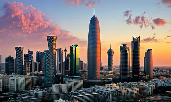 Fantastic view at Doha city with skyscrapers  at sunset	