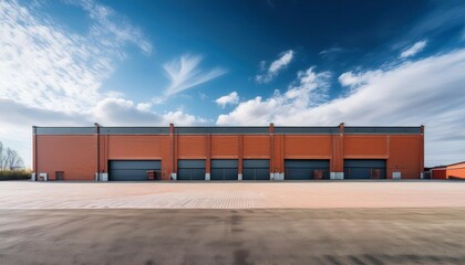 Obraz premium industrial warehouse exterior under blue sky with clouds showcasing logistics center design featuring urban brick and clear space for text