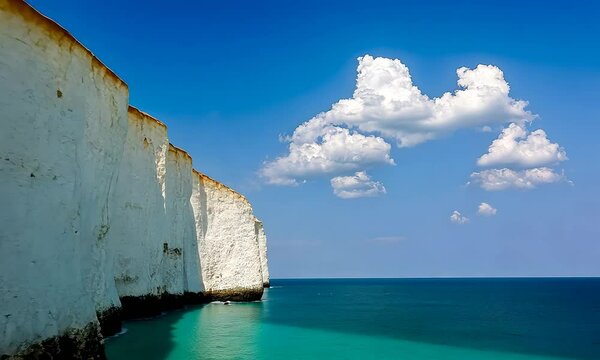 Camera flying next for white cliffs of English cost. Beautiful landscape with sea