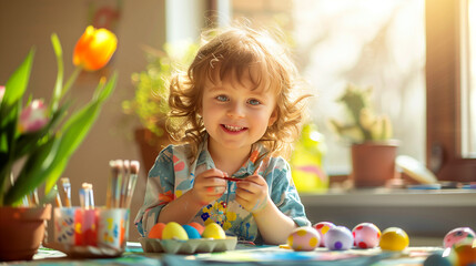 A child sits at the kitchen table by the window of a house in spring flowers, paints Easter eggs with food coloring and plays with them. Happy Easter, we are preparing for Easter. Easter Celebration