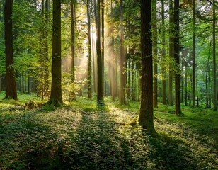 Obraz premium serene forest landscape with tall trees and soft sunlight filtering through lush green foliage