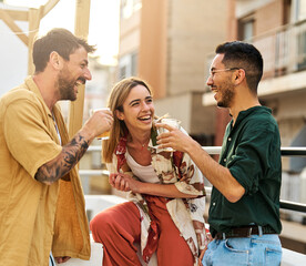 woman man rooftop friend youth young party friendship talking fun happy outdoor group drink...