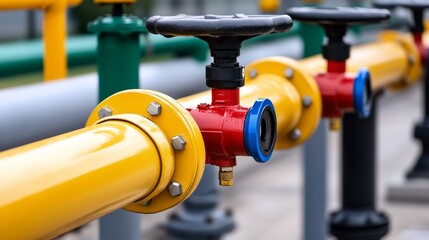 Colorful industrial pipeline with valves and fittings in a modern facility, showcasing infrastructure