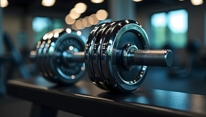 Fototapeta premium Shiny chrome dumbbell resting on a gym bench.