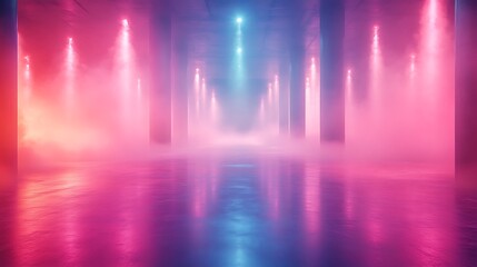 Stunning neon stage with glowing pink and blue lights photo