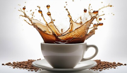 a splash of coffee in a cup drops and splashes of coffee on a white background